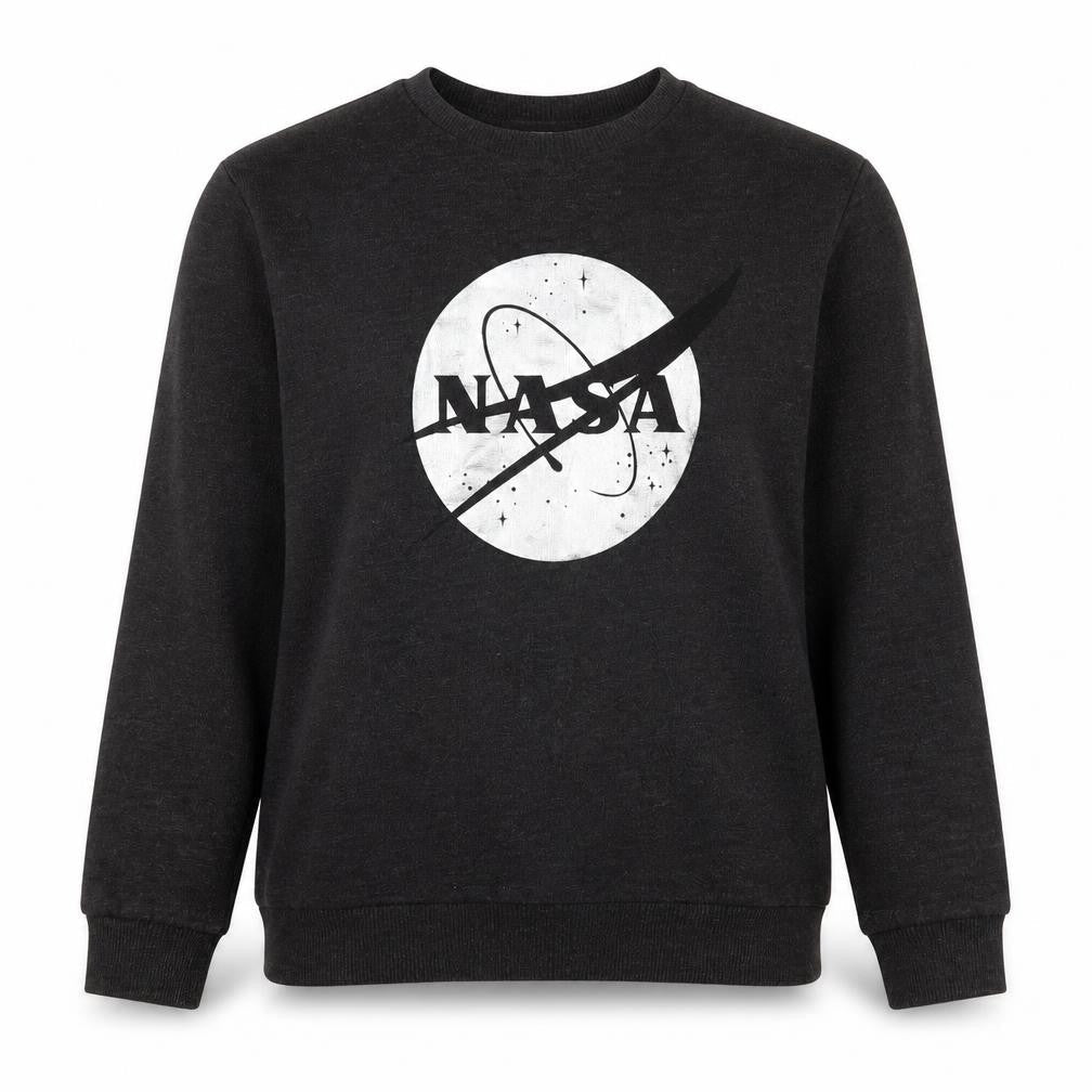 Front view of unisex nasa black sweatshirt, size 10