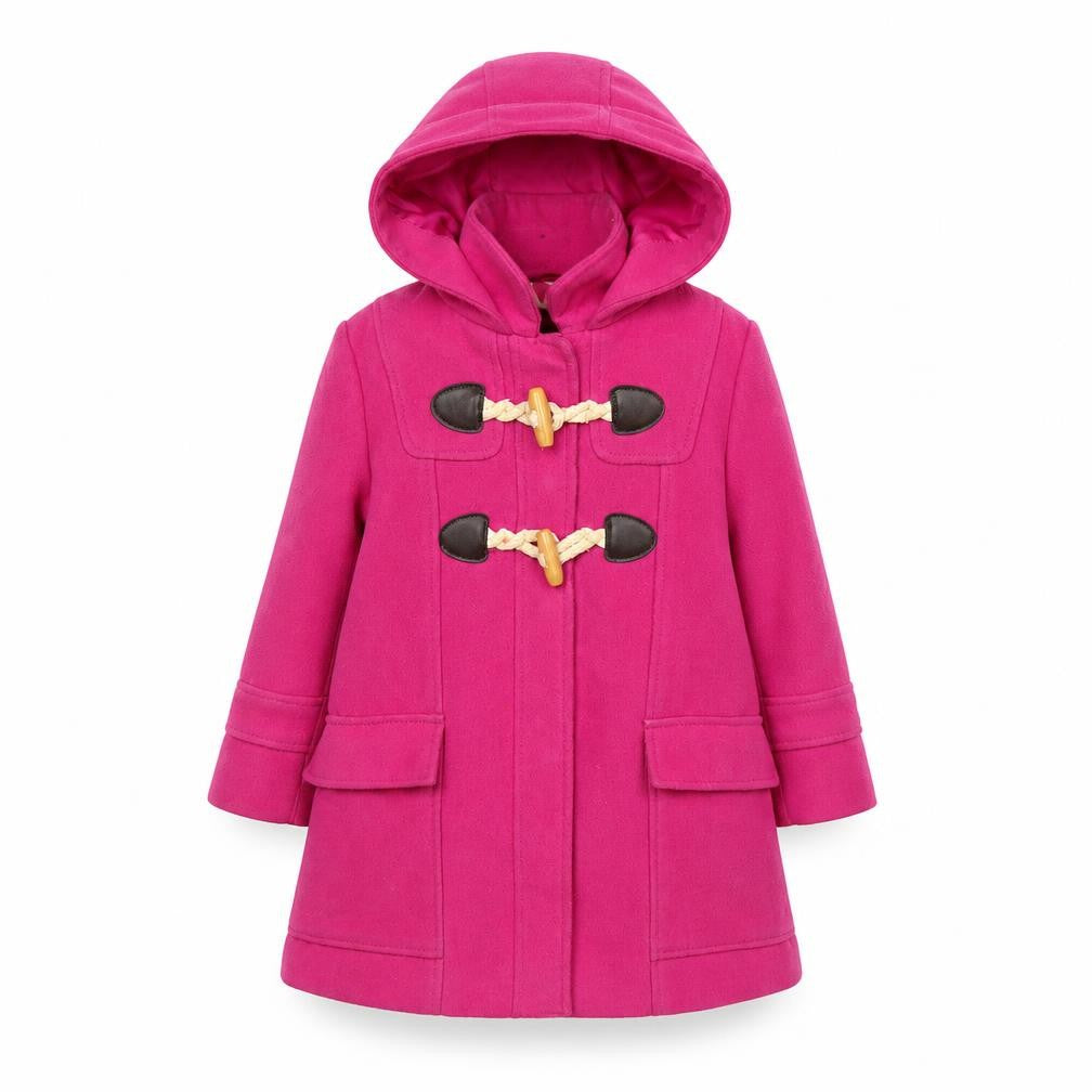 Front view of John Lewis girls’ pink duffle coat 2 years