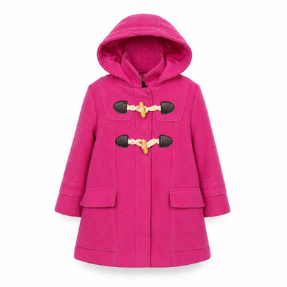 Front view of John Lewis girls’ pink duffle coat 2 years