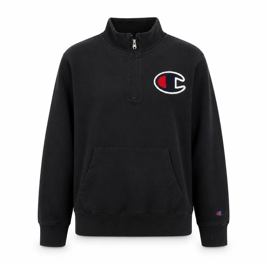 Front view of Champion Teens Black Logo Henley Hoodie L