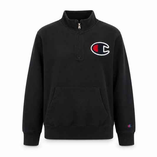 Front view of Champion Teens Black Logo Henley Hoodie L