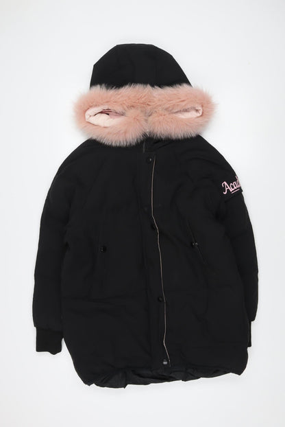 Dora Taobao Women's Black Parka Jacket with Pink Fur Trim - Size M