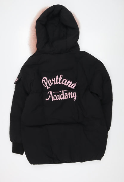 Dora Taobao Women's Black Parka Jacket with Pink Fur Trim - Size M