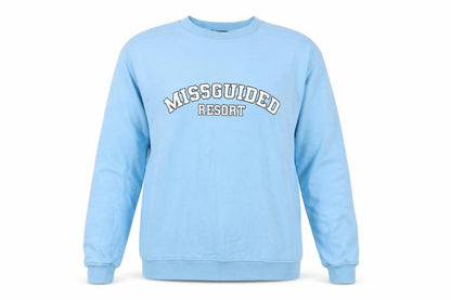 Front view of Missguided Women's Blue Sweatshirt, size 8, Logo