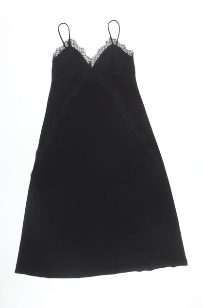 MNG Women's Black Slip Dress, Size 12, V-Neck, Lace Accent