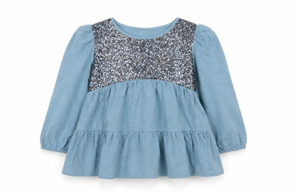 Front view of Monsoon girls’ blue sequin long sleeve top 11-12 years