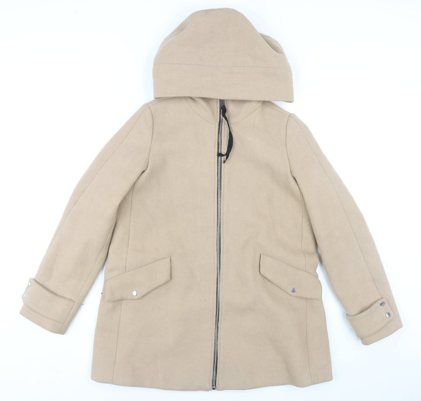 MNG Women's Beige XS Hooded Coat, Mid-Length, Zip Closure