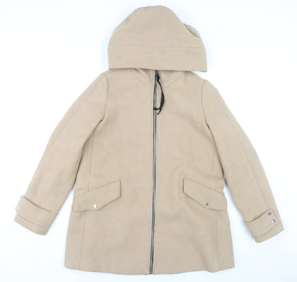 MNG Women's Beige XS Hooded Coat, Mid-Length, Zip Closure