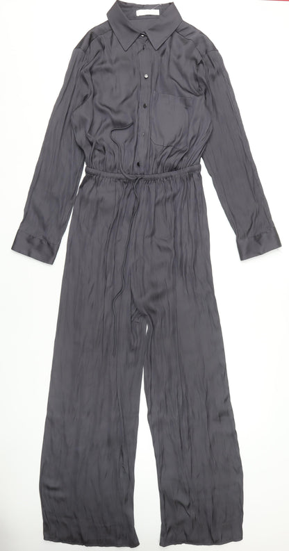 MNG Women's Grey Wide-Leg Jumpsuit, Size M, Collared Style