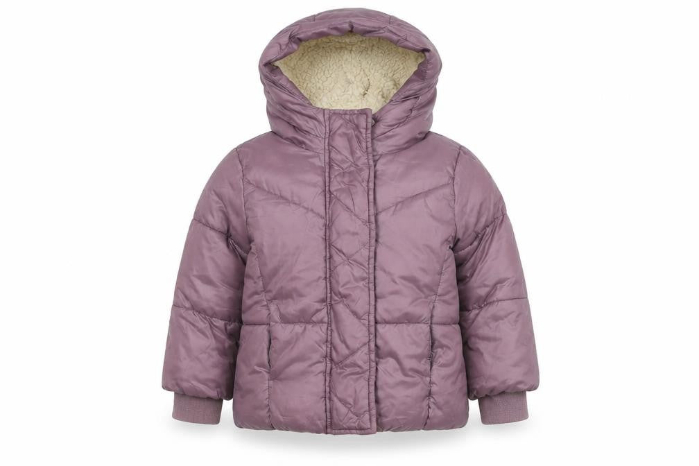 Front view of Gap girls’ purple puffer jacket 4 years winter hooded