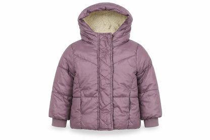 Front view of Gap girls’ purple puffer jacket 4 years winter hooded