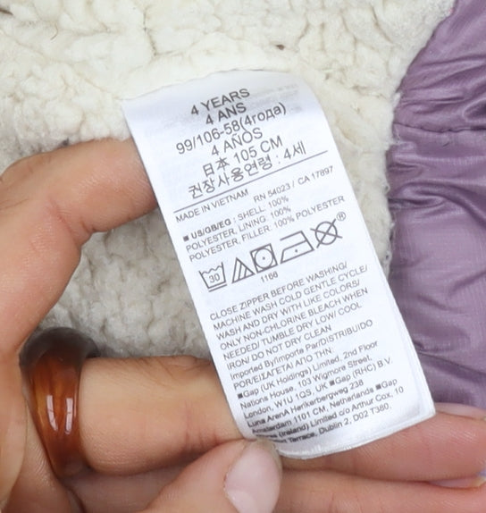 Gap Girls Purple Puffer Jacket 4 Years Winter Hooded