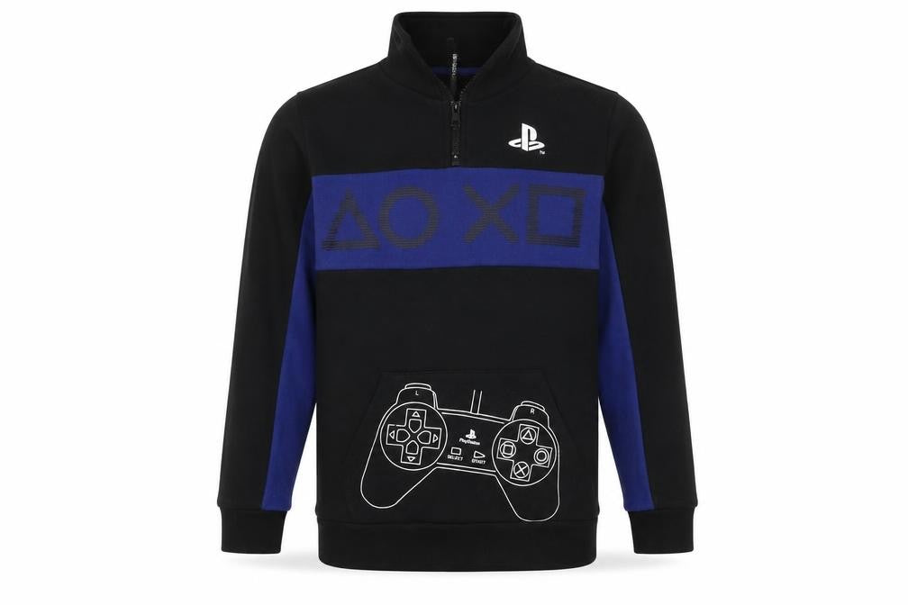 Front view of Sony PlayStation boys’ black hoodie, size 12-13, years