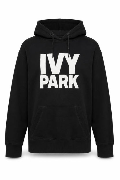 Front view of Ivy Park Black Hoodie S unisex logo graphic print