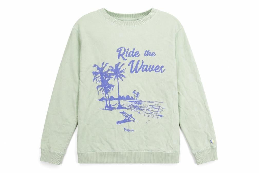 Front view of FatFace girls’ green pullover graphic print sweatshirt 12-13