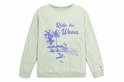 Front view of FatFace girls’ green pullover graphic print sweatshirt 12-13
