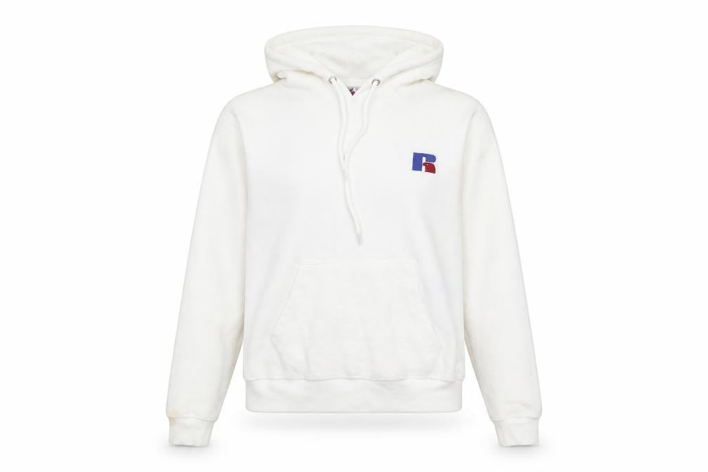 Front view of Russell Athletic unisex white xs pullover hoodie