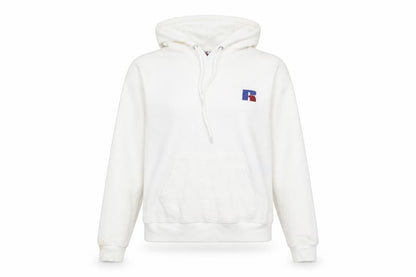 Front view of Russell Athletic unisex white xs pullover hoodie