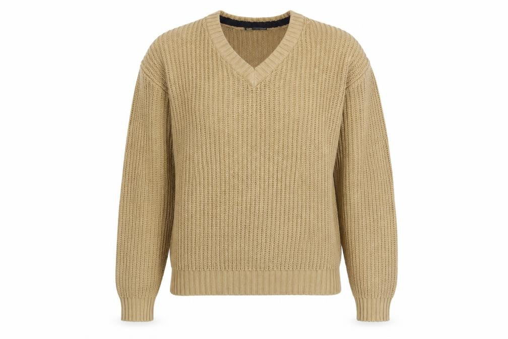 Front view of P.G. Field Beige V-Neck jumper, unisex s
