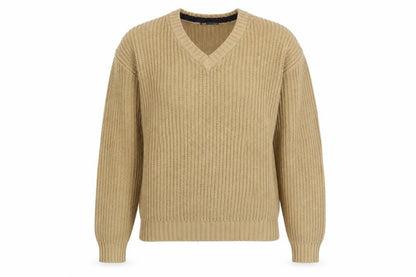 Front view of P.G. Field Beige V-Neck jumper, unisex s