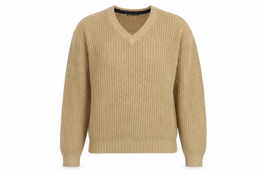 Front view of P.G. Field Beige V-Neck jumper, unisex s