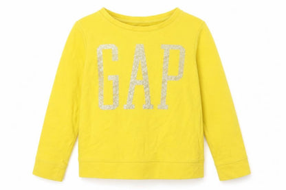 Front view of Gap girls’ yellow xl sweatshirt, pullover, logo accent