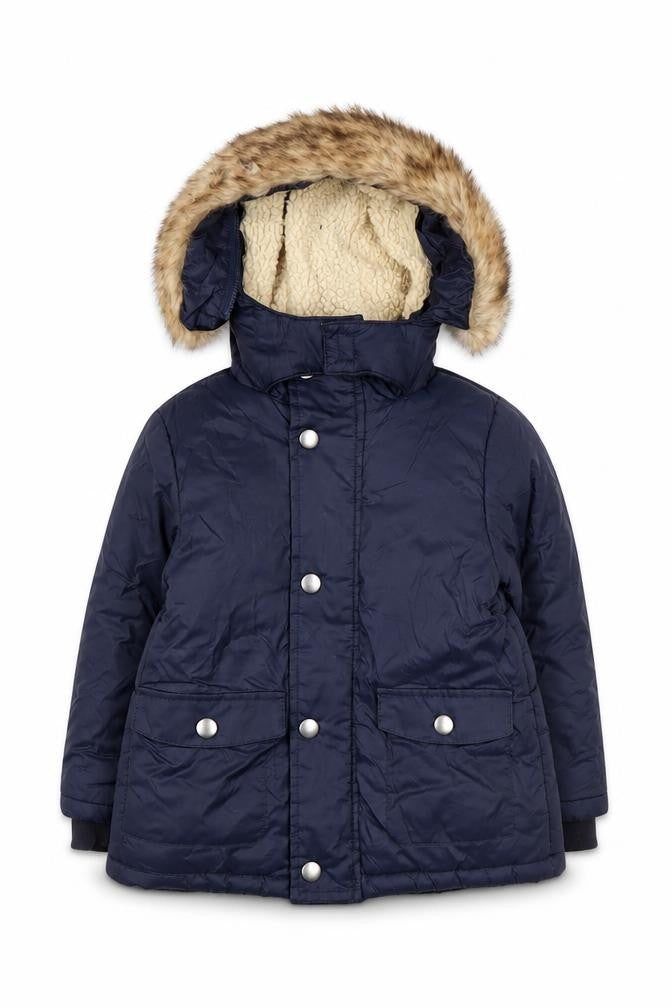 Front view of mamas & papas unisex blue puffer jacket, 18-24 months
