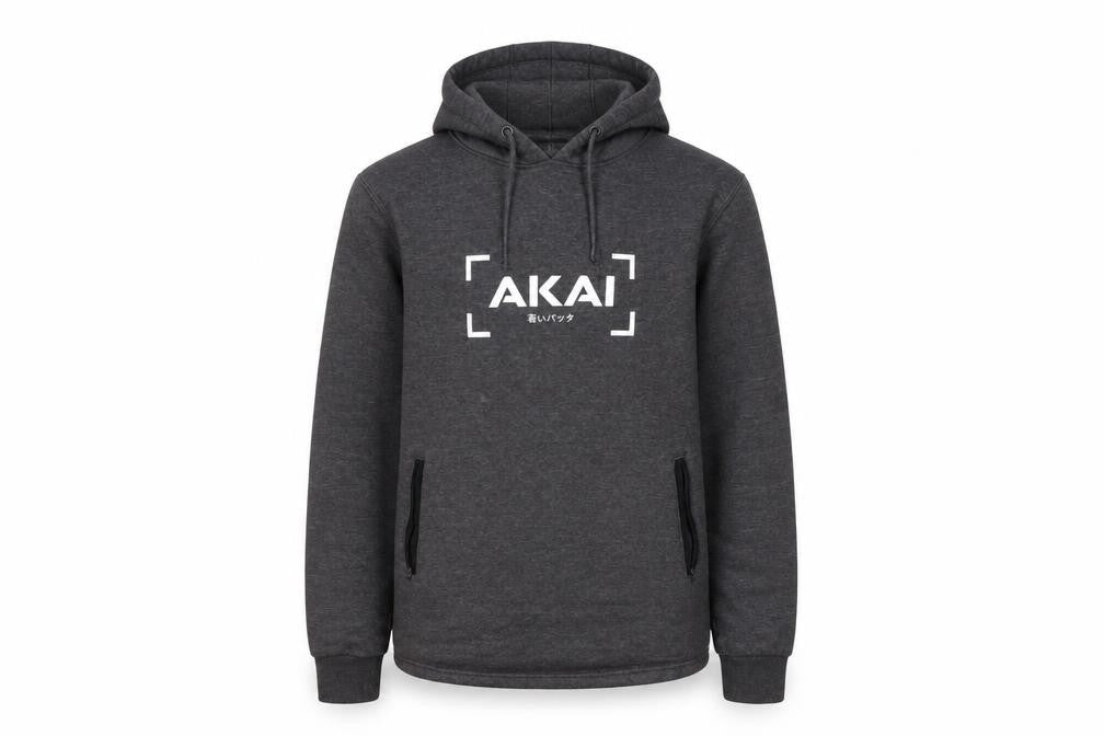 Front view of AKAI Men's Grey Hoodie, size S, Pullover, Logo Design