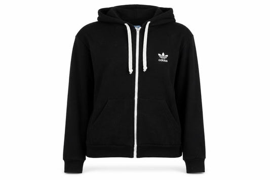Front view of Adidas unisex black full zip hoodie, size L