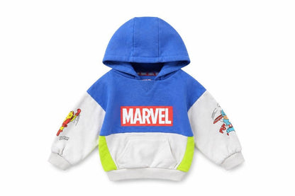 Front view of Marvel unisex baby blue jacket 6-9 months hooded