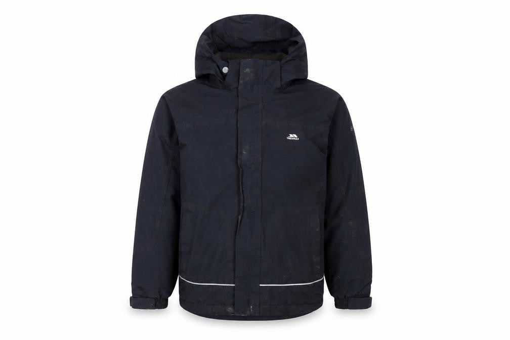 Front view of Trespass boys’ black waterproof hooded jacket 9-10 years