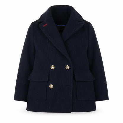 Front view of Zara girls’ navy blue wool blend pea coat, size 6