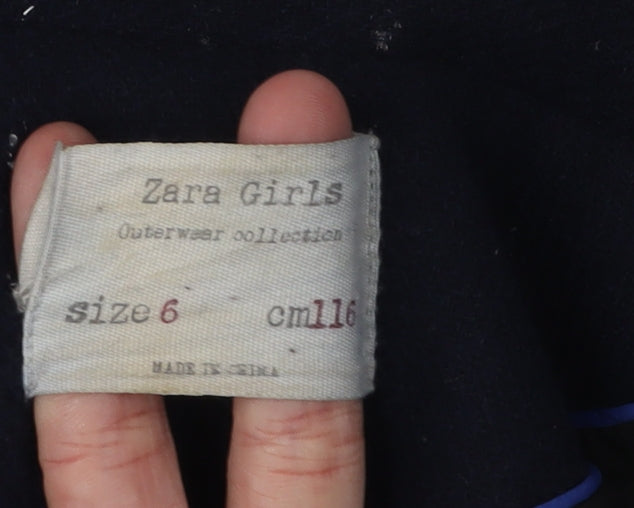 Zara Girls Navy Blue Wool Blend Pea Coat Size 6
