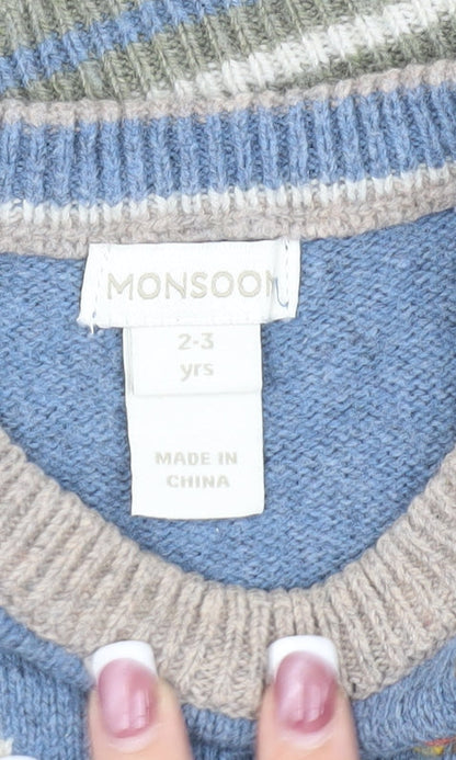 Monsoon Boys Blue Animal Vest 2-3 Years Knit Fair Isle