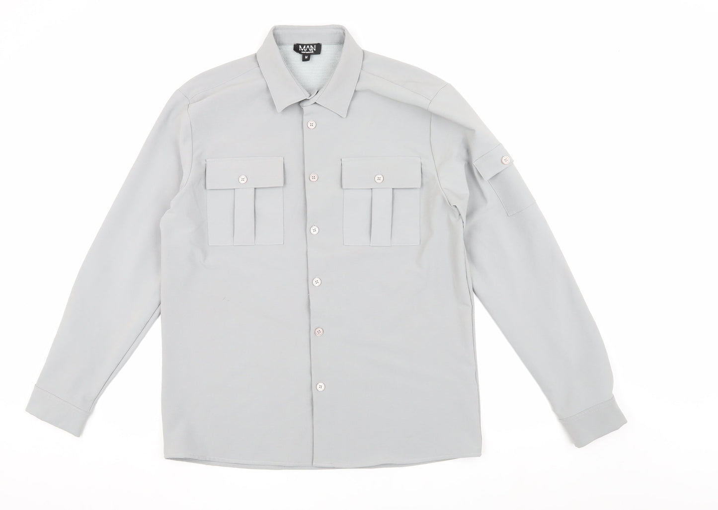 boohooMAN Mens Grey Long Sleeve Button-Up Shirt M