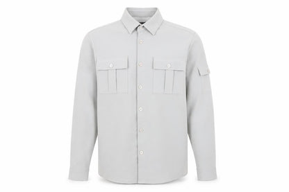 Front view of boohooMAN men’s grey long sleeve button-up shirt m