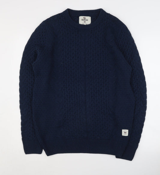BellField Men's Blue Cable-Knit Pullover Jumper M