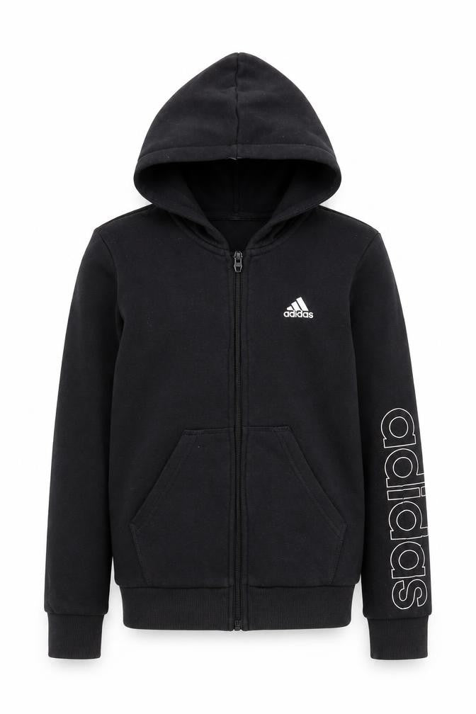 Front view of Adidas boys’ black full zip hoodie 9-10 years
