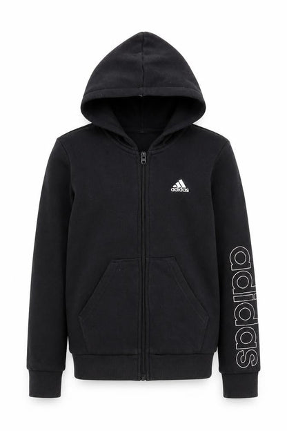 Front view of Adidas boys’ black full zip hoodie 9-10 years