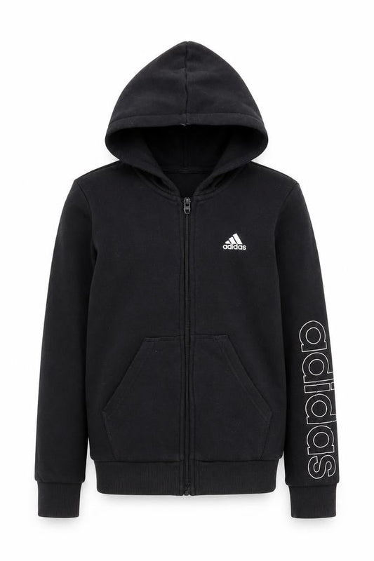 Front view of Adidas boys’ black full zip hoodie 9-10 years