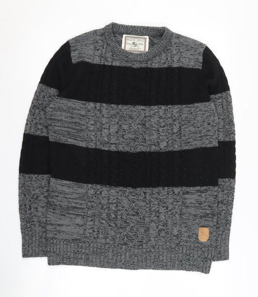 Brave Soul Men’s Striped Pullover Jumper, S, Black/Grey