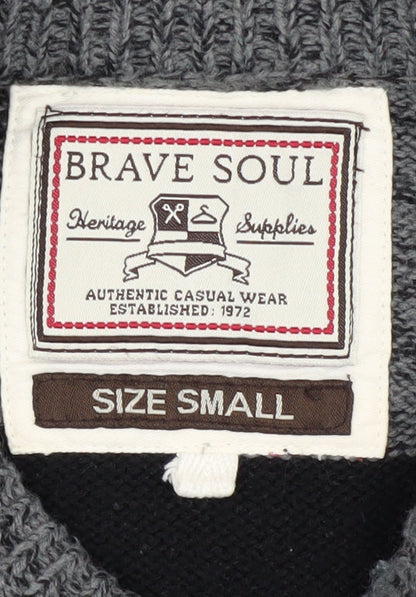Brave Soul Men’s Striped Pullover Jumper, S, Black/Grey