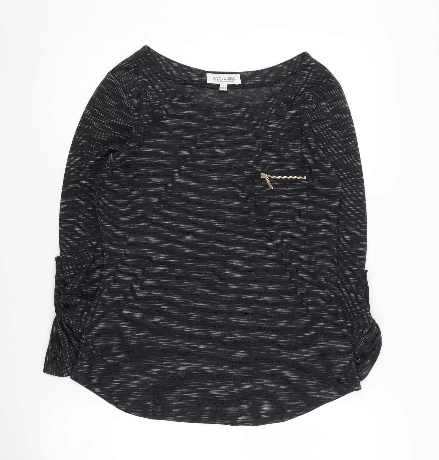 Active USA Women's Black 3/4 Sleeve Top, L, Zip Accent