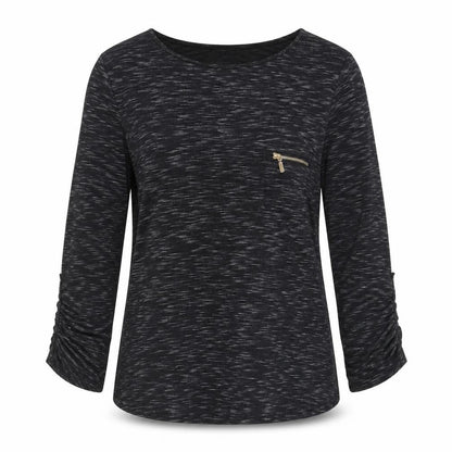 Active USA Women's Black 3/4 Sleeve Top, L, Zip Accent