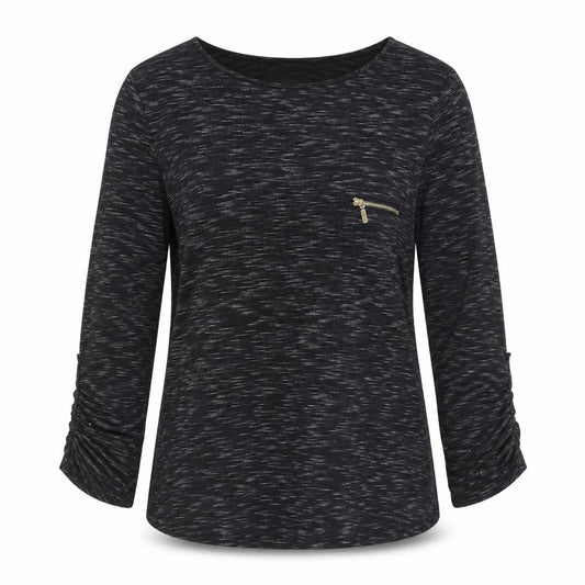 Active USA Women's Black 3/4 Sleeve Top, L, Zip Accent