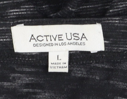 Active USA Women's Black 3/4 Sleeve Top, L, Zip Accent