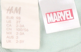 H&M Boys Green Marvel T-Shirt 2-3 Years Graphic Print Crew Neck