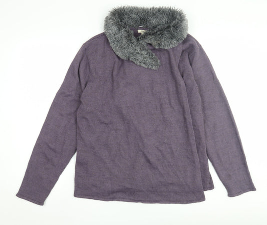Cotton Traders Women's Purple Fur Trim Pullover Jumper