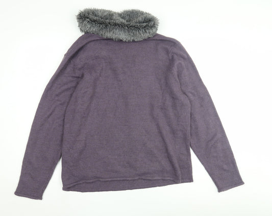 Cotton Traders Women's Purple Fur Trim Pullover Jumper