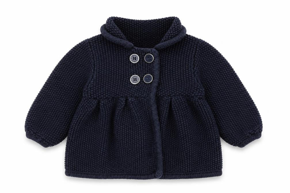 Front view of Junior J unisex baby blue cardigan, 9-12 months, casual knit
